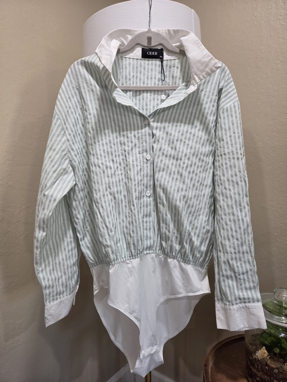 Cider Cotton-blend Collar Striped Long Sleeve Shirt Bodysuit Curve & Plus 1XL